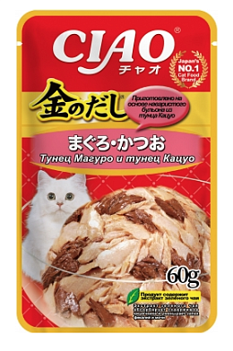 Inaba Ciao Kinnodashi влажный корм для кошек тунец Магуро и тунец Кацуо кусочки в желе (пауч)