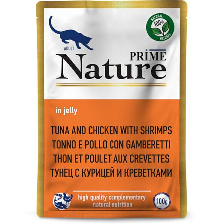 Купить prime nature влажный корм для взрослых кошек с тунцом, курицей и креветками, в желе (пауч)