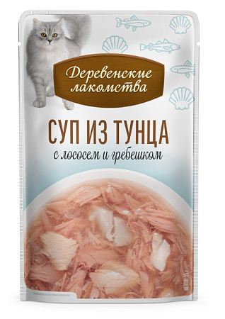 Купить Деревенские лакомства набор паучей для кошек Суп из тунца с лососем и гребешком 4х35