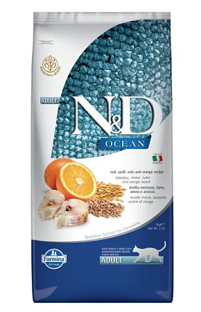 Купить farmina n&d ocean cat godfish, spelt, oats & orange adult сухой низкозерновой корм для взрослых кошек с треской и апельсином