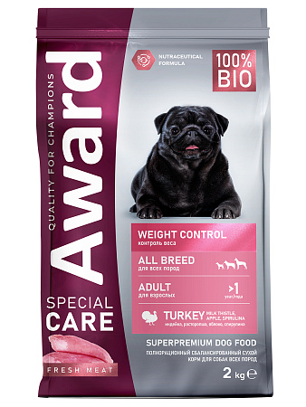 Купить award special care weight control сухой корм для взрослых собак всех пород для контроля веса со свежим мясом индейки