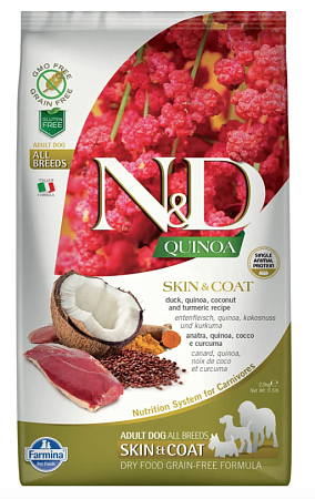 Купить farmina n&d quinoa dog grain free skin & coat duck сухой беззерновой корм для взрослых собак всех пород для кожи и шерсти с уткой и киноа