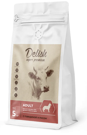 Купить delish super premium сухой корм для взрослых собак средних и крупных пород с говядиной и рисом