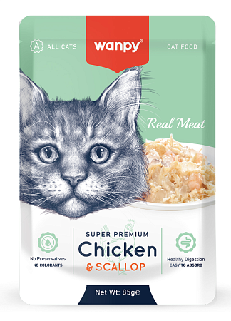 Купить wanpy cat влажный корм для кошек из курицы и гребешка (пауч)
