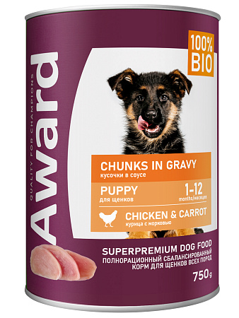 Купить award консервы для щенков кусочки с курицей и морковью