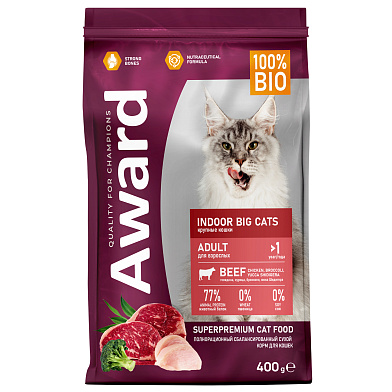 Award Indoor Big cats сухой корм для взрослых домашних кошек крупных пород с говядиной и курицей