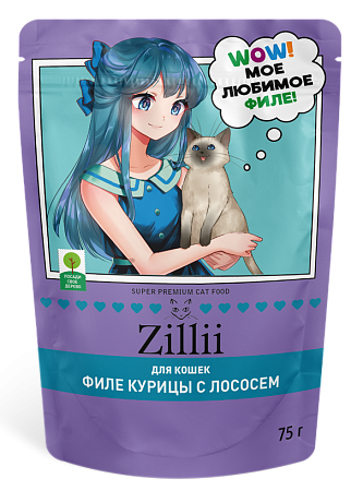Купить zilli влажный корм для взрослых и стерилизованных кошек, курица с лососем в желе (пауч)