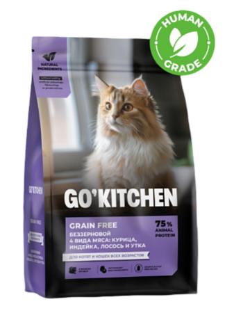 Купить go'kitchen Сухой Беззерновой корм для котят и кошек всех возрастов с курицей, индейкой, лососем и уткой, grain free 4 meat recipe