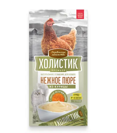 Купить Деревенские лакомства Холистик Премьер лакомство для кошек, нежное пюре из курицы с икрой летучей рыбы