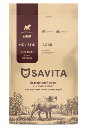 Купить savita сухой беззерновой корм для взрослых собак малых пород с мясом кабана