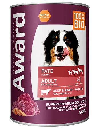 Купить award консервы для взрослых собак паштет из говядины с бататом