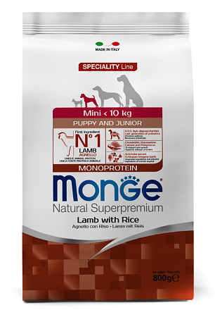 Купить monge dog speciality line monoprotein mini сухой корм для щенков мелких пород из ягненка с рисом