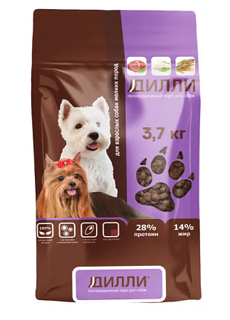Купить Дилли сухой корм для взрослых собак мелких пород с курицей и индейкой
