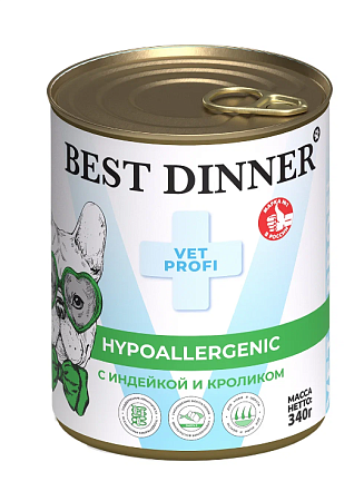 Купить best dinner vet profi hypoallergenic консервы для взрослых собак и щенков с 6 месяцев для профилактики пищевой аллергии с индейкой и кроликом