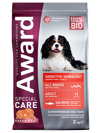 Купить award special care sensitive skin&coat сухой корм для взрослых собак всех пород для здоровой кожи и шерсти со свежим лососем