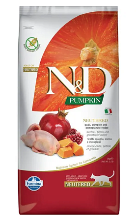Купить farmina n&d pumpkin cat grain free neutered quail сухой беззерновой корм для стерилизованных кошек с тыквой, перепелом и гранатом