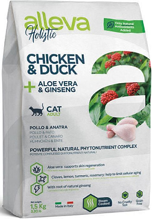 Купить alleva holistic cat adult chicken & duck сухой корм для взрослых кошек с курицей и уткой, алое вера и женьшенем