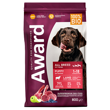 Купить award сухой корм для щенков всех пород с ягненком и индейкой с добавлением яблока и черники