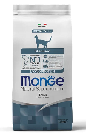 Купить monge cat monoprotein sterilised сухой корм для стерилизованных кошек с форелью