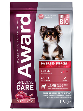 Купить award special care toy breed support сухой корм для взрослых собак мелких и миниатюрных пород со свежим мясом ягненка