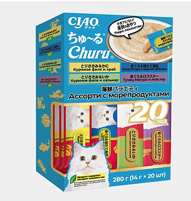 Inaba Чао Чуру Лакомство-пюре для кошек Ассорти с морепродуктами