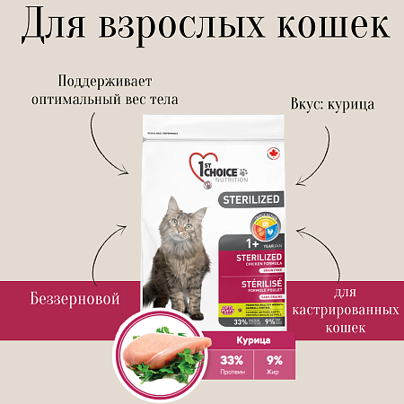Купить 1st choice sterilized Сухой корм для кастрированных котов и стерилизованных кошек (с курицей и бататом)