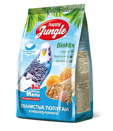 Купить happy jungle сухой корм для волнистых попугаев при линьке