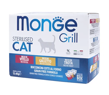 Купить monge cat grill влажный корм для стерилизованных кошек с телятиной, с курицей, с форелью, бокс с паучами