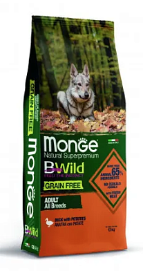 Monge Dog BWild Grain Free сухой беззерновой корм для взрослых собак всех пород с мясом утки и картофелем