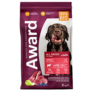 Award сухой корм для взрослых собак всех пород с ягненком с индейкой с добавлением яблока и черники
