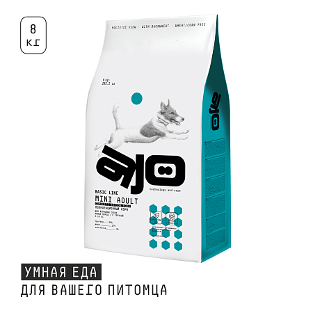 Купить ajo mini adult сухой корм для взрослых собак мелких и миниатюрных пород с курицей и гречкой