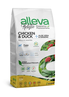 Alleva Holistic Puppy/Junior Chicken Medium сухой корм для щенков и юниоров с курицей и уткой, алое вера и женьшенем