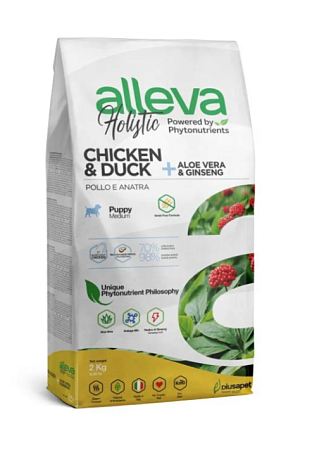 Купить alleva holistic puppy/junior chicken medium сухой корм для щенков и юниоров с курицей и уткой, алое вера и женьшенем