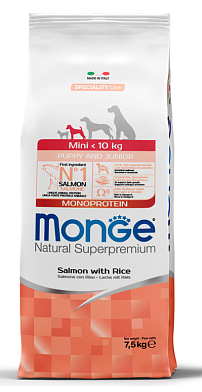 Monge Dog Speciality Line Monoprotein сухой корм для щенков мелких пород из лосося с рисом 
