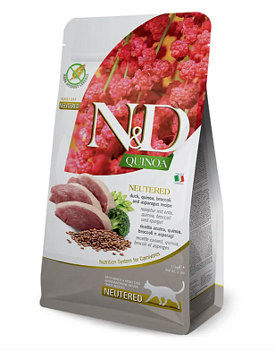 Farmina N&D Quinoa Cat Neutered Duck сухой беззерновой корм для стерилизованных кошек и кастрированных котов, с уткой, киноа, брокколи и спаржей