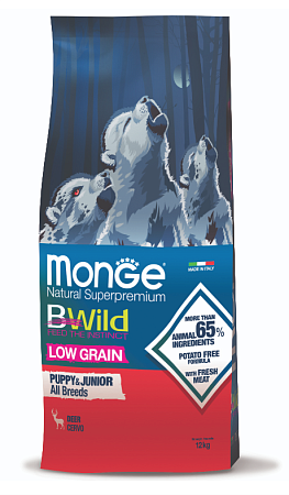 Купить monge dog bwild low grain puppy & junior сухой низкозерновой корм для щенков всех пород из мяса оленя