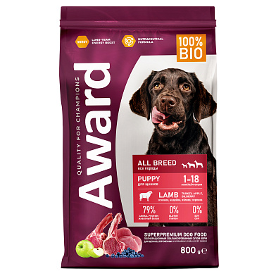 Award сухой корм для щенков всех пород с ягненком и индейкой с добавлением яблока и черники