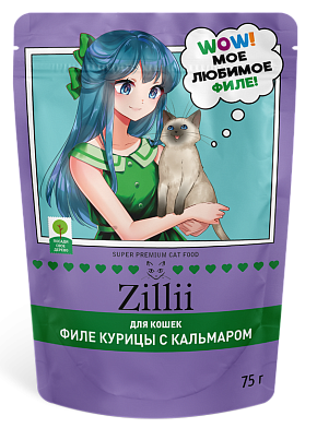 Zilli влажный корм для взрослых и стерилизованных кошек, курица с кальмаром в желе (пауч)