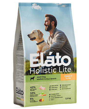 Купить elato holistic lite сухой корм для взрослых собак средних и крупных пород с курицей и индейкой