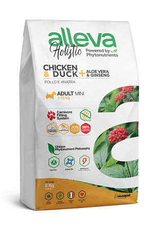 Купить alleva holistic dog сухой корм для взрослых собак мелких пород с курицей и уткой, алое вера и женьшенем