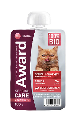 Award SPECIAL CARE Active longevity влажный корм для пожилых кошек старше 7 лет для активного долголетия «мясное пюре» из курицы с говядиной (пауч)