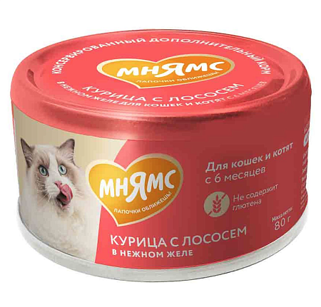 Купить Влажный дополнительный корм Мнямс На каждый день для кошек и котят старше 6 месяцев "курица с лососем в нежном желе"