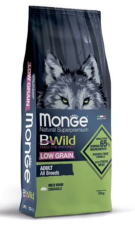 Купить monge dog bwild low grain сухой низкозерновой корм для взрослых собак всех пород из мяса дикого кабана