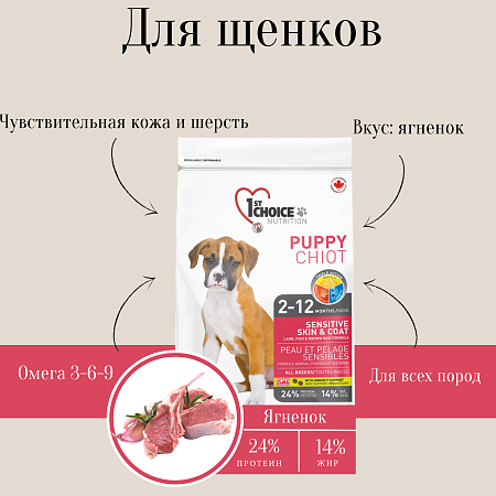 Купить 1st choice puppy sensitive skin & coat сухой корм для щенков средних и крупных пород с чувствительной кожей и для шерсти с ягненком, рыбой и рисом
