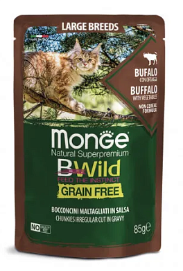 Monge Cat BWild Grain Free влажный беззерновой корм для кошек крупных пород с мясом буйвола и овощами (пауч)