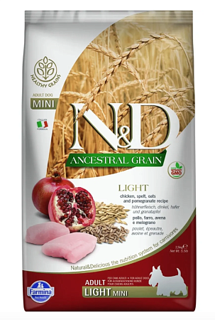 Купить farmina n&d ancestral grain dog light adult mini сухой низкозерновой корм для взрослых собак мелких пород с избыточным весом с курицей и гранатом