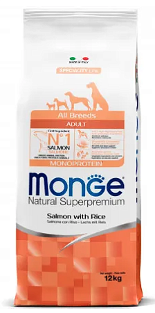 Купить monge dog speciality adult salmon сухой корм для взрослых собак всех пород с лососем и рисом