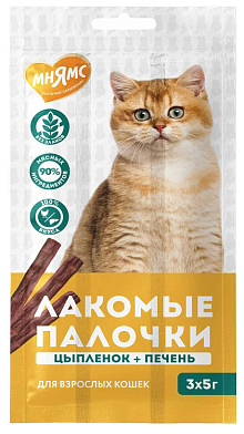 Мнямс Лакомство лакомые палочки для кошек из цыпленка и печени
