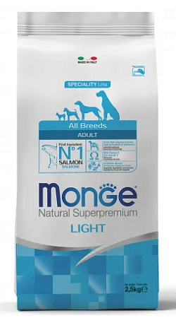 Купить monge dog speciality light сухой корм для взрослых собак всех пород при избыточном весе с лососем и рисом