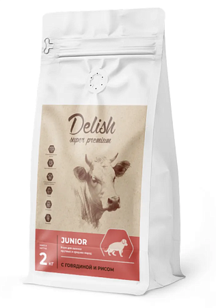 Купить delish super premium сухой корм для щенков средних и крупных пород с говядиной и рисом 